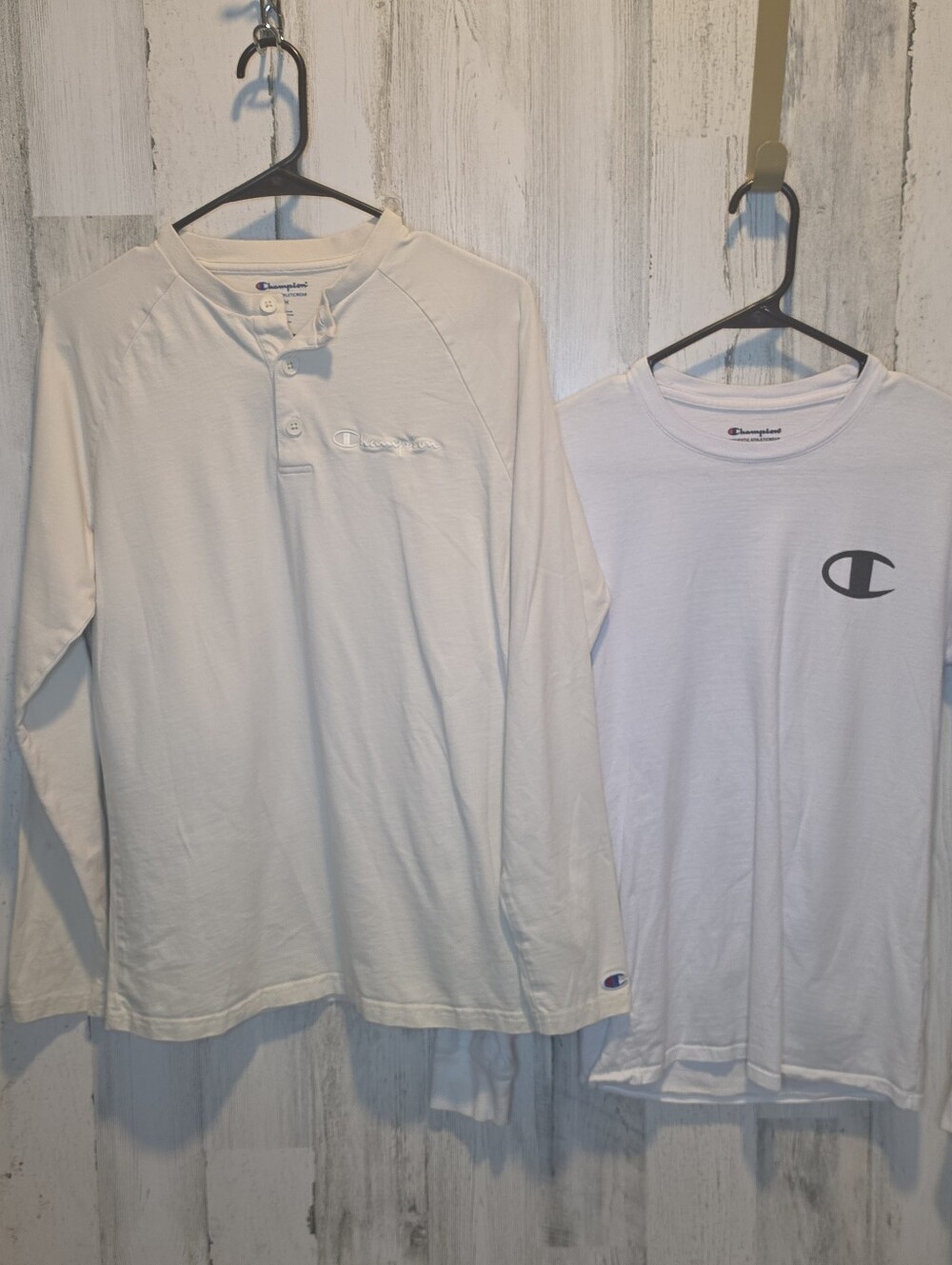 Champion Men’s Long Sleeve Shirt Lot Size Small White Henley Graphic 2 Pieces